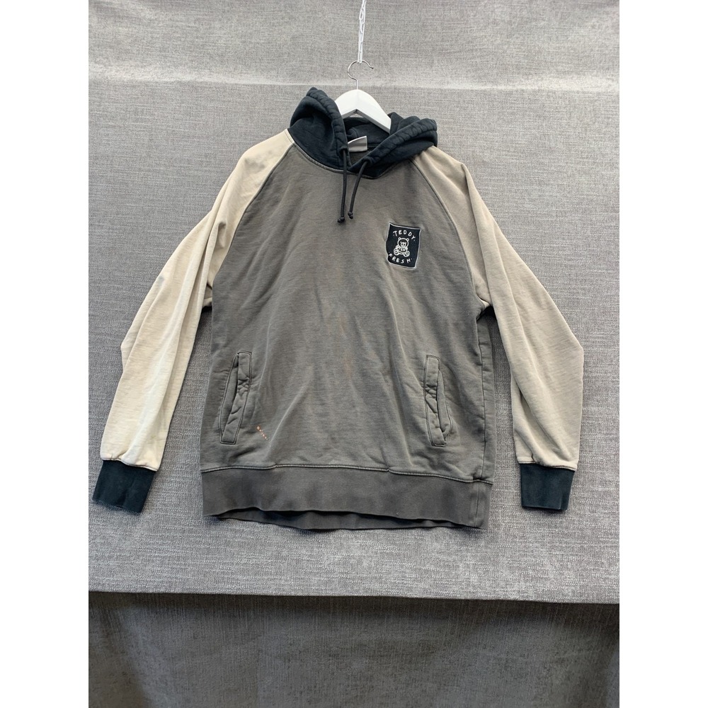 Teddy Fresh Hoodie Mens XL‎ Gray Tan Colorblock Bear Logo Cotton Raglan Sleeve
